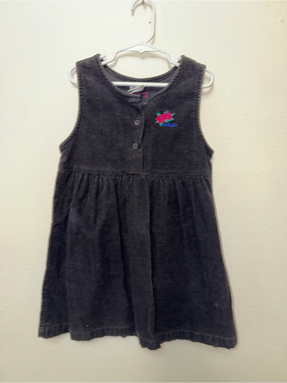 VTG Oshkosh Corduroy Jumper Dress Black Logo Flower Buttons Size 6 USA Girl's